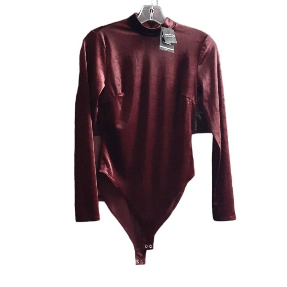 Forever 21 Bodysuit Snap Crotch Mock Neck Velour Coffee Brown Maroon M